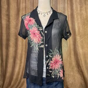 Vintage Chiffon Top 90s Floral Sequin Button Up Mesh Shirt Sheer Black Fairycore